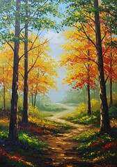Obraz premium Autumn Path: A Vibrant Oil Painting AI Generated