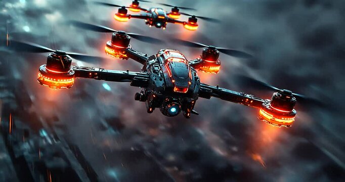Futuristic drones flying through a stormy sky, showcasing advanced technology in action