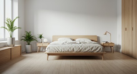 Serene Minimalist Bedroom Interior Design: Light Wood Accents and Natural Plants