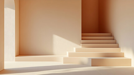 Minimalist beige staircase and platform in a sunlit room, perfect for product display or architectural design.