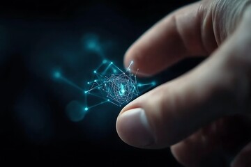 A human hand interacts with a digital network structure.