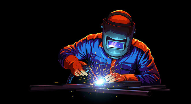 Welder at work performing welding with sparks in safety gear vector