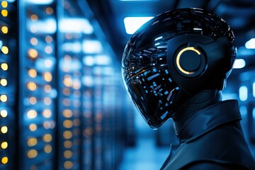 A futuristic robot with a sleek, glowing head stands in a high-tech server room, illuminated by blue lights and surrounded by data storage units.