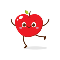 Cute Smiling Red Apple Character Waving – Kawaii Red Fruit Mascot Vector
