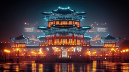Fototapeta premium Illuminated oriental architectural structure at night reflecting in water.