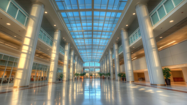 Modern Architectural Grandeur: A contemporary architectural masterpiece, showcasing a bright, expansive interior with soaring pillars, glass ceiling and welcoming sunlight.