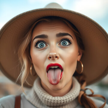 Woman with an astonished look teasingly sticks out her tongue