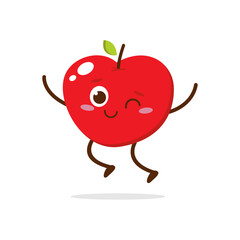 Cute Smiling Red Apple Character Waving – Kawaii Red Fruit Mascot Vector
