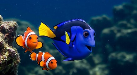 close up of a nemo and dori fish in the sea with coral reef