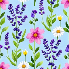 A seamless floral pattern featuring watercolor-style lavender, daisies, and wildflowers in soft pastel hues.