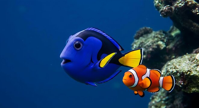 close up of a nemo and dori fish in the sea with coral reef