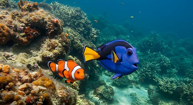 close up of a nemo and dori fish in the sea with coral reef