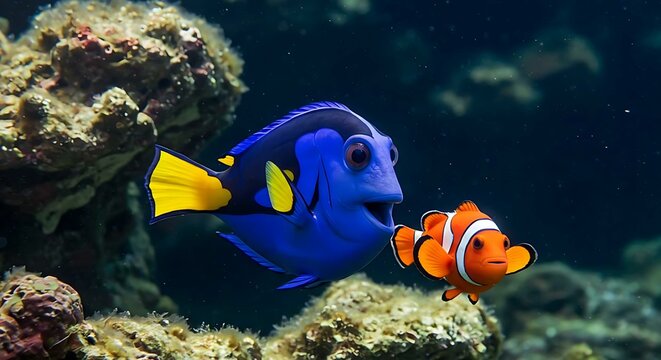 close up of a nemo and dori fish in the sea with coral reef