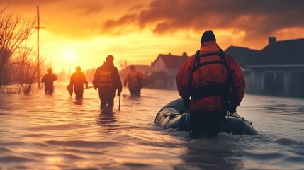 Rescuers navigating flooded community at sunset offering help in emergency situations