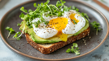Closeup of Poached Egg and Avocado Toast with Microgreens on a Gray Plate