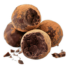 Pile of chocolate covered chocolates, various shapes and sizes, shiny exterior. Isolated on transparent background.