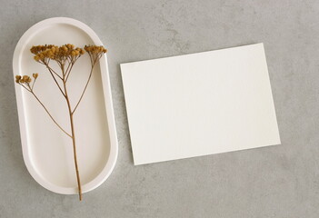Card mockup template , empty blank paper minimalist aesthetic composition on grey textured  background top view flat lay. Copy space. Greeting card mock up, branding card mock up