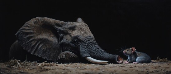 An Unlikely Encounter: A Mouse Confronts the Enormity of an Elephant in Shadowy Landscape