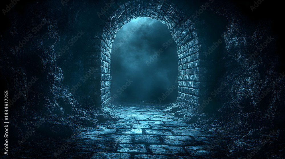 Poster mysterious dark blue cobblestone path leading to a light at the end of a stone archway tunnel. perfe