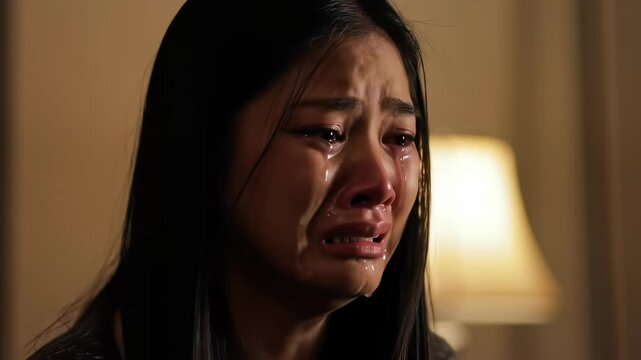 Close-up of a young woman with long black hair crying profusely, tears streaming down her face, lit by a warm lamp in the background; concept for emotional storytelling, mental health awareness