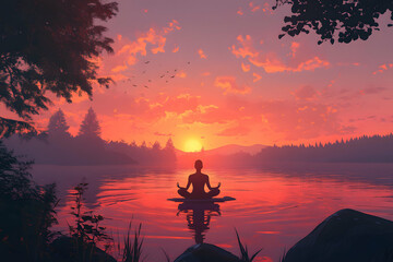 Fototapeta premium Mindful Meditation Practice during Golden Sunrise Hours