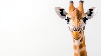 Close-up of a giraffe's head and neck against a plain white background.  The giraffe is looking directly at the viewer, showcasing its spotted coat and large eyes