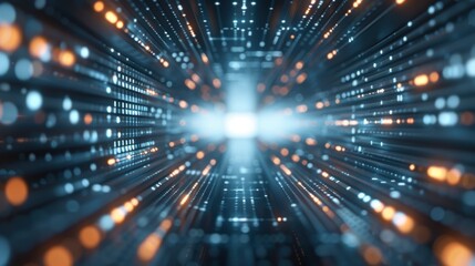 A futuristic digital tunnel with glowing lines and particles, suggesting movement and depth in a vibrant technological landscape.