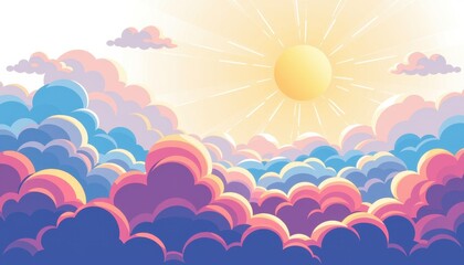 Fototapeta premium Vibrant Sunset Sky with Fluffy Pastel Clouds and Shining Sun Dreamy Illustration for Backgrounds