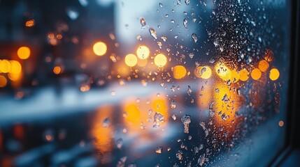 Obraz premium Winter city lights viewed through a rain-streaked window.