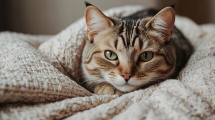A delightful cat is comfortably laying on a soft blanket while curiously gazing directly at the camera, capturing our attention