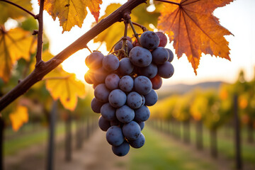 bunch of grapes hanging from a vine in a vineyard