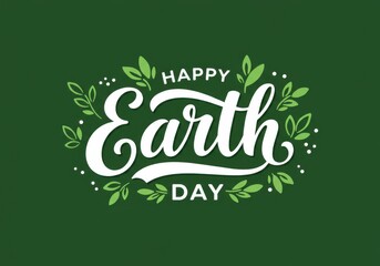 Naklejka premium Happy earth day text with leaves decoration over green backdrop