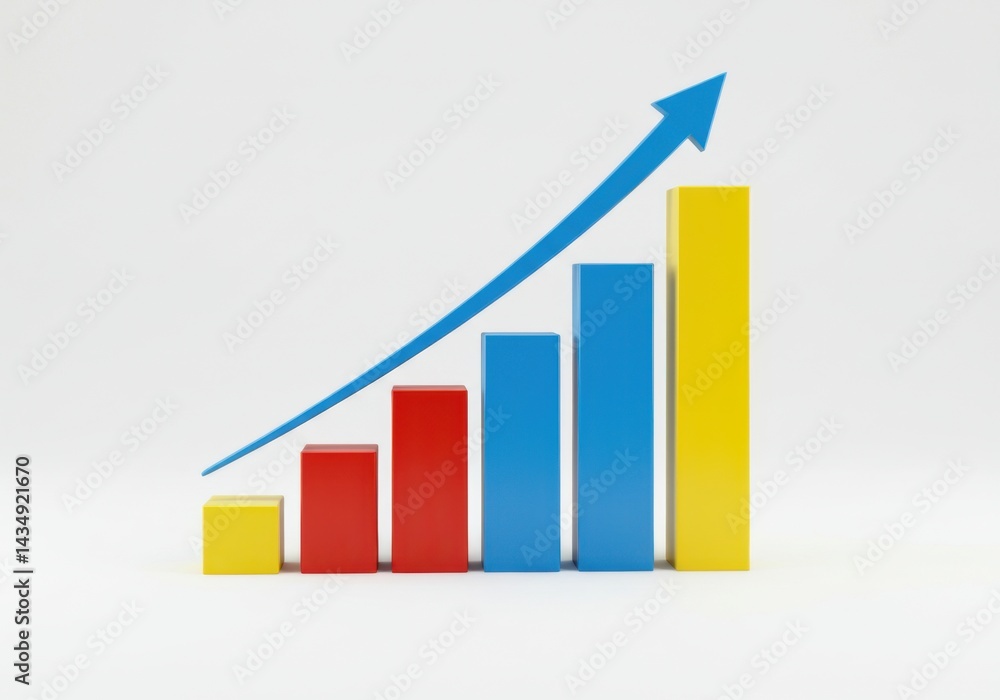 Poster colorful bar graph showing upward trend with blue arrow pointing up isolated on white background