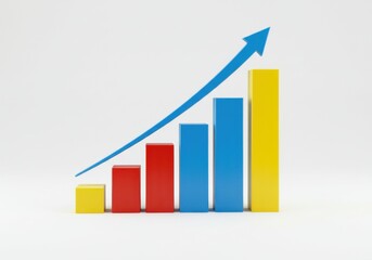 Colorful bar graph showing upward trend with blue arrow pointing up isolated on white background