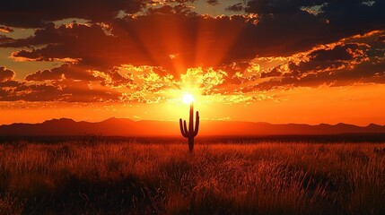 Dramatic sunset over a desert landscape with a solitary cactus.