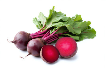 bunch of beets with leaves on a white background