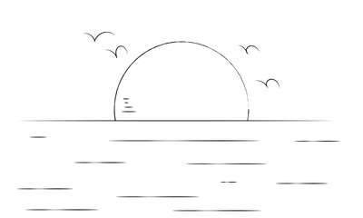 Vector isolated one single simplest sun with waves landscape colorless black and white contour line easy drawing .Vector Illustration .EPS 10 . 