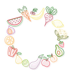 Flat outline wreath of fruits and vegetables including banana, fig, avocado, carrot. Isolated on white. Great for healthy food and nutrition themed designs