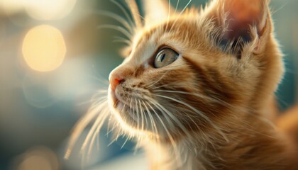 Obraz premium A close-up of a curious orange kitten gazing thoughtfully, with soft bokeh lights creating a dreamy atmosphere in the background.