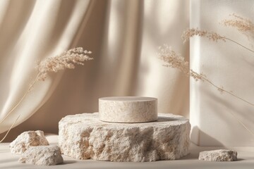Stone podiums with beige fabric and dried floral decoration scene