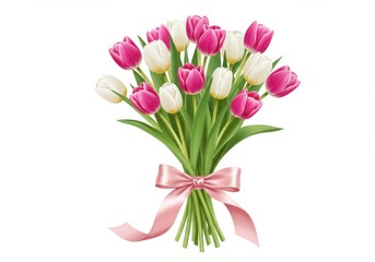 Obraz premium Bouquet of pink and cream tulips tied with a pink satin ribbon isolated on white background