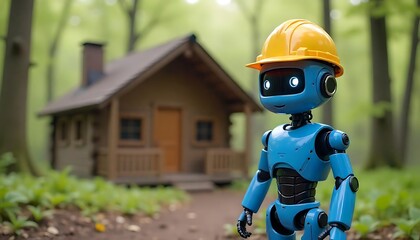 Fototapeta premium blue robot wearing a yellow hard hat, standing in front of a wooden cabin in a forest concept of labor day 