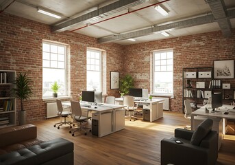 Interior of a modern office space with exposed brick walls and large windows providing natural light