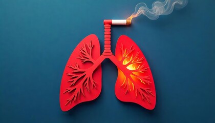 Smoking is harmful to health concept illustration, burning cigarette under the lungs and smoke going up into the lungs vector illustration in papercut style with copy space, created with generative ai