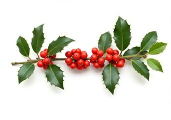 Holly branch with red berries and green leaves isolated on white background