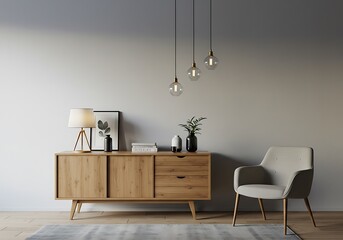 Interior scene featuring a wooden sideboard, chair, lamps, and pendant lights against a gray wall