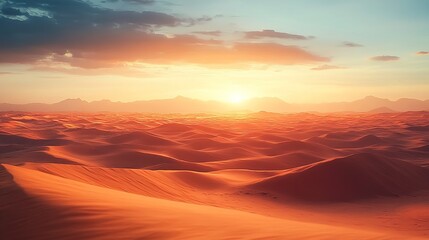 Obraz premium A desert landscape at sunset with orange-red sand dunes, clouds in the sky, and distant mountains illuminated by the setting sun.