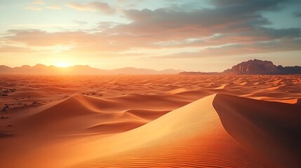 Naklejka premium A desert landscape at sunset with orange-red sand dunes, clouds in the sky, and distant mountains illuminated by the setting sun.