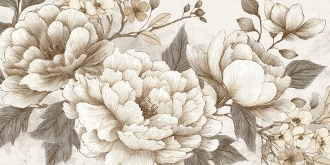 A vintage floral pattern with peonies and magnolia flowers in sepia tones