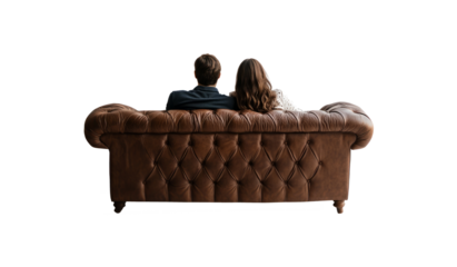 Couple sitting on couch, back view on transparent background